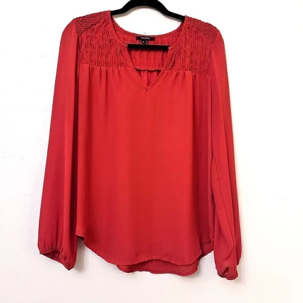 Roly Poly Womens Blouse Pullover Top Long Sleeve Pleated V-Neck Burnt Orange Med